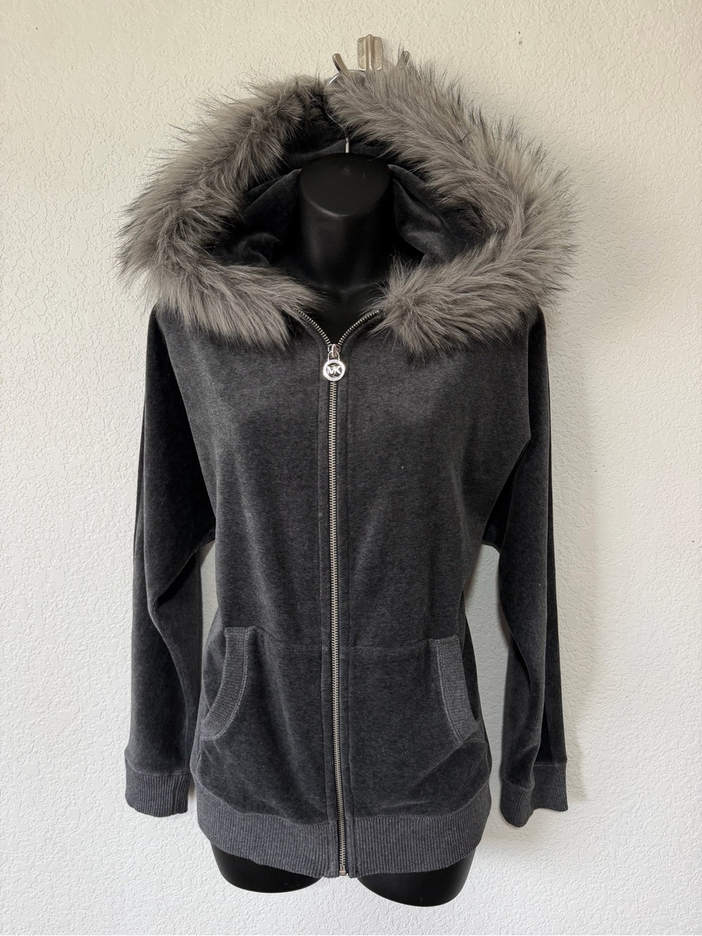 Michael Kors Charcoal Gray Velvet-Look Faux-Fur Hooded Bomber Jacket